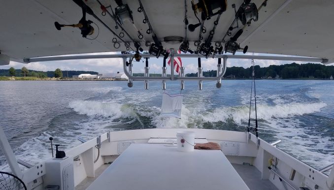 Fishing boat gliding through the water